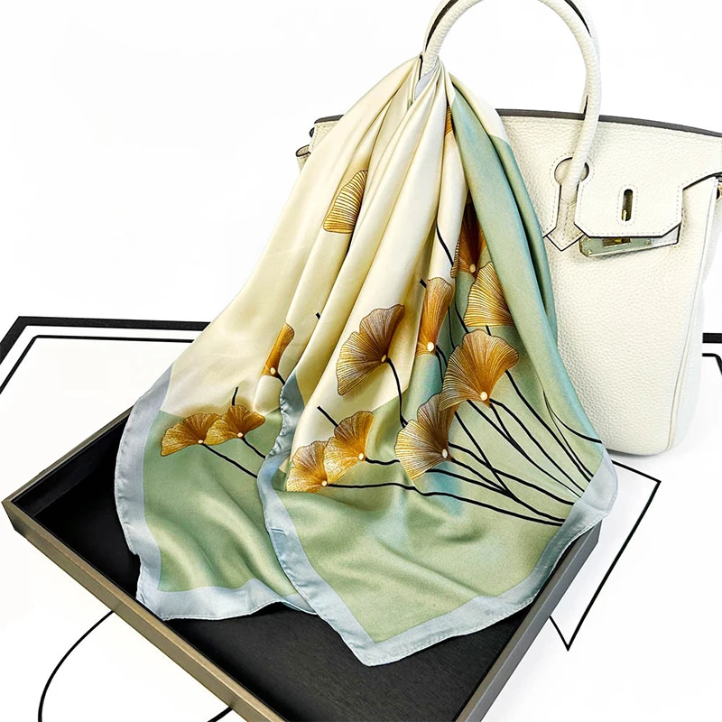 Ginkgo Leaf Printed Scarf Women's New Model Emulated Silk Plant Printed Scarfs Fashion Versatile Clothes Bag Accessories Scarf