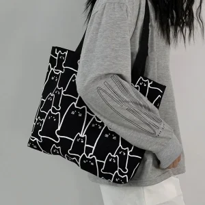 Girls Women Graphic Tote Bag Cartoon Small Shoulder Cute Cat Shopper Handbags Shoulder Fashion Canvas Casual Shopping